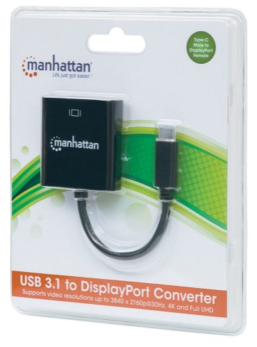 Manhattan USB-C to DisplayPort 1.2 Cable, 4K@30Hz, 21cm, Male to Female, Black, Lifetime Warranty