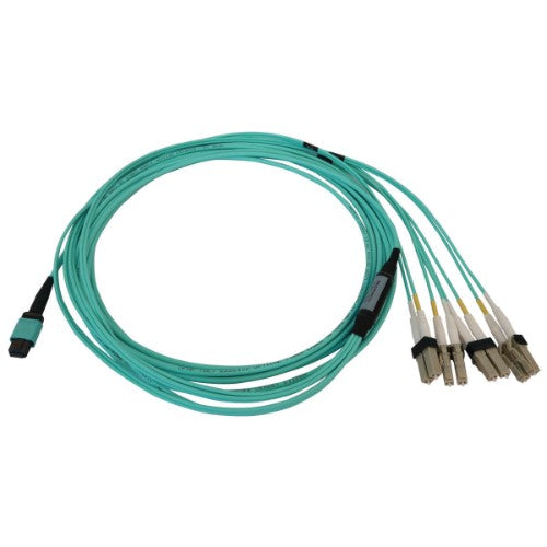 Tripp Lite N844X-05M-8L-P 40/100/400G Multimode 50/125 OM3 Fiber Optic Cable (12F MTP/MPO-PC to 4x Duplex LC/PC F/M), LSZH, Aqua, 5 m (16.4 ft.)