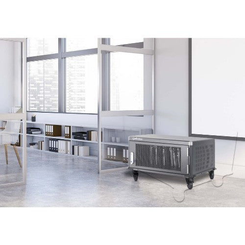 Manhattan Laptop Charging Cabinet Desktop via AC Adapter (UK) x20 Bay, Install device's AC Adapter (power cables) into unit, Suitable for ALL laptops (to 15.6"), iPads, MacBooks, Chromebooks, other USB-C devices, Bays 380x30x280mm, Cart, Lockable
