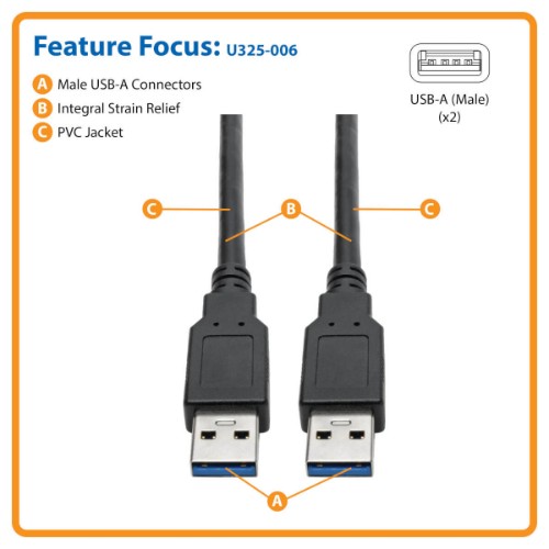 Tripp Lite U325-006 USB 3.0 SuperSpeed A to A Cable for USB 3.0 All-in-One Keystone/Panel Mount Couplers (M/M), Black, 6 ft. (1.8 m)