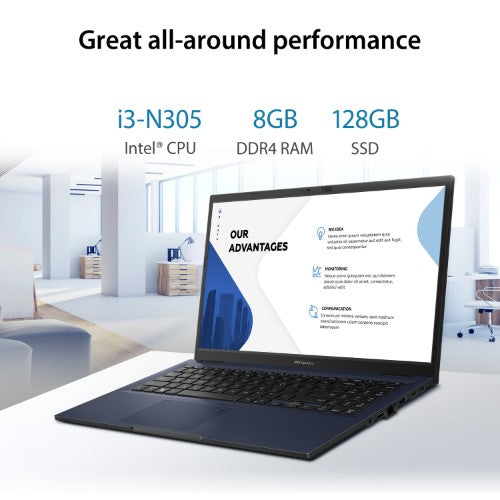 ASUS ExpertBook B1 B1502CG-BQI381XA Intel Core i3 N-series i3-N305 Laptop 39.6 cm (15.6") Full HD 8 GB DDR4-SDRAM 128 GB Flash Wi-Fi 6 (802.11ax) Windows 11 Pro Education Black