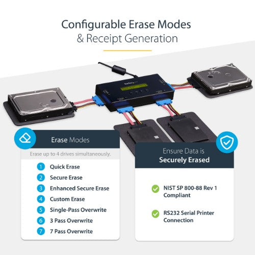 StarTech.com 4 Bay SSD/HDD Hard Drive Eraser - 2.5" & 3.5" SATA - Hostless Standalone Secure Erase External Disk Sanitizer - 9 Erase Modes - RS232 Printer Port - NIST/DOD & TAA Compliant