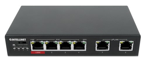 Intellinet 6-Port Fast Ethernet Switch with 4 PoE Ports (1 x High-Power PoE), One High-Power 60 W PSE PoE Port, Three IEEE 802.3at/af PSE PoE Ports, PoE Power Budget of 65 W, PoE Extend Mode, Two RJ45 Uplink Ports, VLAN