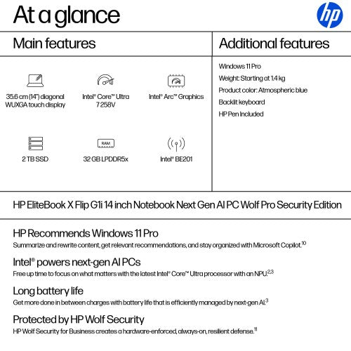 HP EliteBook X Flip G1i Next Gen AI PC Wolf Pro Security Edition Copilot+ PC Intel Core Ultra 7 258V Hybrid (2-in-1) 35.6 cm (14") Touchscreen WUXGA 32 GB LPDDR5x-SDRAM 2 TB SSD Wi-Fi 7 (802.11be) Windows 11 Pro Blue