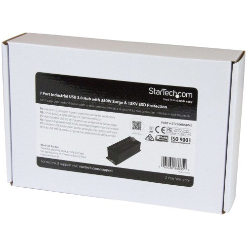 StarTech.com 7-Port USB 3.0 Hub with Power Adapter - Metal Industrial USB-A Hub with ESD & 350W Surge Protection - Din/Wall/Desk Mountable - High Speed USB 3.2 Gen 1 (5Gbps) Hub - TAA