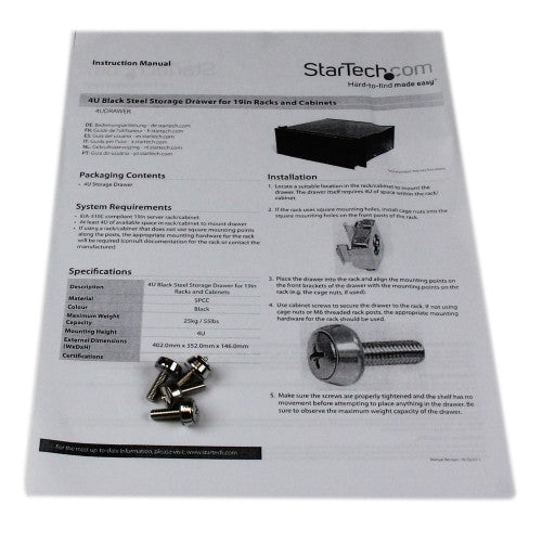 StarTech.com 4U Rack Mount Drawer - 55 lb (25 kg) - 4U Steel Storage Rack Drawer for 19" AV / Sever / Network Equipment Rack or Cabinet