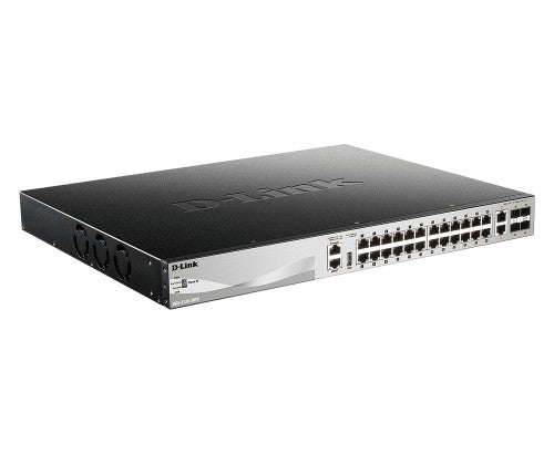 D-Link 24 x 10/100/1000BASE-T PoE ports (370W budget) Layer 3 Stackable Managed Gigabit Switch