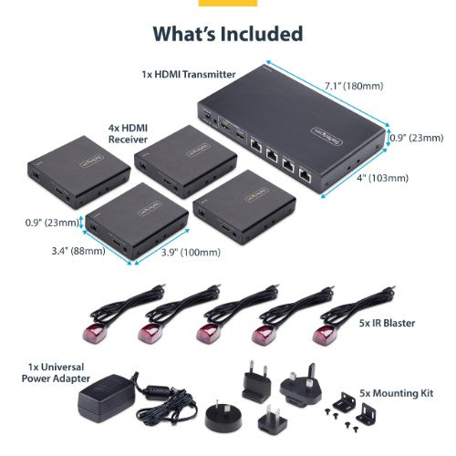 StarTech.com 4-Port HDMI Extender and Splitter Over CAT6, 4K 60Hz, Up to 230ft (70m), 1x4 HDMI over Ethernet Distribution Kit with IR and Power Over Cable