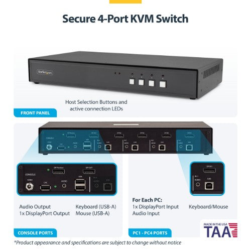 StarTech.com Secure 4-Port KVM Switch, DisplayPort, 4K 60Hz, NIAP 4.0 Desktop KVM, Metal Housing, Made in the USA