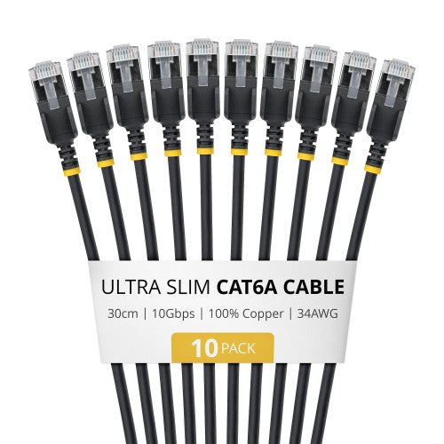 StarTech.com 30cm Black Ultra Slim Cat6A Ethernet Cable, 10 Pack, Snagless, FTP, Pure Bare Copper Wire, 34AWG Ultra Slim RJ45 Network Patch Cord, Individually Tested