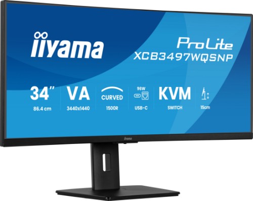 iiyama ProLite 34’’ UWQHD curved monitor with USB-C dock, LAN, KVM switch and 15cm height adjustable stand