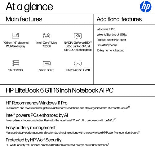 HP EliteBook 6 G1i AI PC Intel Core Ultra 7 255U Laptop 40.6 cm (16") WUXGA 16 GB DDR5-SDRAM 512 GB SSD Wi-Fi 6E (802.11ax) Windows 11 Pro Silver