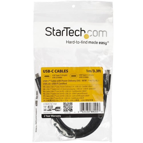 StarTech.com 3ft (1m) USB-C Fast Charging Cable, Charge & Sync, 100W (5A) PD, USB 2.0, USB-IF Certified - USB C Charging Cord