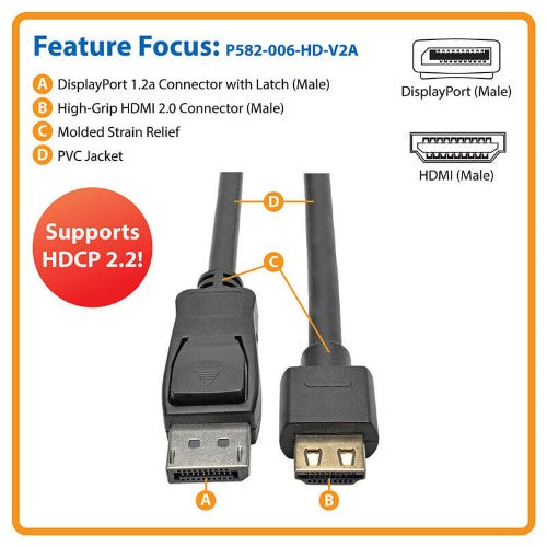 Tripp Lite P582-006-HD-V2A DisplayPort 1.2 to HDMI Active Adapter Cable (M/M), 4K 60 Hz, Gripping HDMI Plug, HDCP 2.2, 6 ft. (1.8 m)