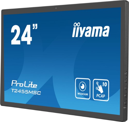 iiyama 24” multi-touch monitor with edge-to-edge glass, anti fingerprint coating , integrated webcam and a flexible stand