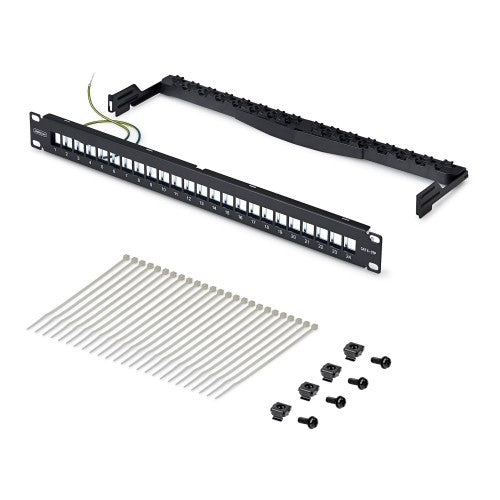 StarTech.com 24 Port 1U Blank Keystone Patch Panel with Cable Management Bar, Rackmount Cat6 Patch Panel for RJ45 STP Ethernet Network Jacks