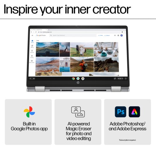 HP Chromebook x360 14b-cd0002na Intel® N N100 35.6 cm (14") Touchscreen HD 4 GB LPDDR5-SDRAM 128 GB eUFS Wi-Fi 6 (802.11ax) ChromeOS Silver