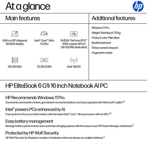 HP EliteBook 6 G1i AI Intel Core Ultra 5 225U Laptop 40.6 cm (16") WUXGA 32 GB DDR5-SDRAM 512 GB SSD Wi-Fi 7 (802.11be) Windows 11 Pro AI PC Silver