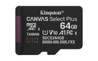 Kingston Technology 64GB micSDXC Canvas Select Plus Gen3 100R A1 Single Pack w/o ADP