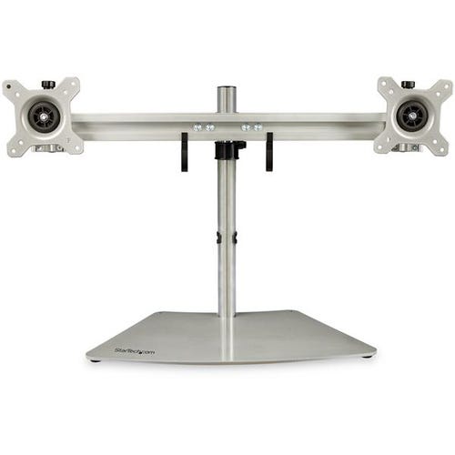StarTech.com Dual Monitor Stand - Ergonomic Free Standing Dual Monitor Desktop Stand for two 24" (17.6lb/8kg) VESA Mount Displays - Synchronized Height Adjustable - Double Monitor Pole Mount - Silver