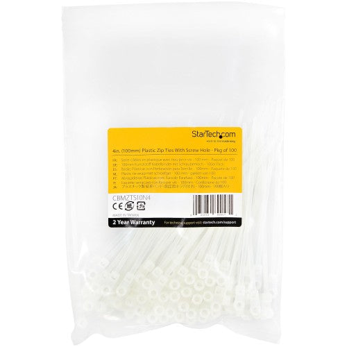 StarTech.com 4"(10cm) Cable Ties with Mounting Hole - 1/16"(2mm) wide, 7/8"(24mm) Bundle Dia. 18lb(8kg) Tensile Strength, Nylon 66 Self Locking Ties w/Screw Hole, UL Listed, 100 Pack - TAA
