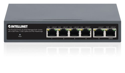 Intellinet PoE-Powered 6-Port Lite Smart Managed PoE+ Switch with 4 GbE Ports / 2 GbE Uplinks and PoE Passthrough (with UK power cord)