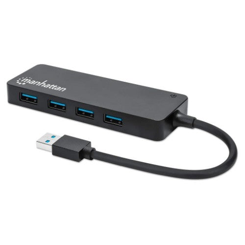 Manhattan USB-A 4-Port Hub, 4x USB-A Ports, 5 Gbps (USB 3.2 Gen1 aka USB 3.0), Bus Power, SuperSpeed USB, Black, Three Year Warranty, Equivalent to ST4300PBU3 & ST4300MINU3B