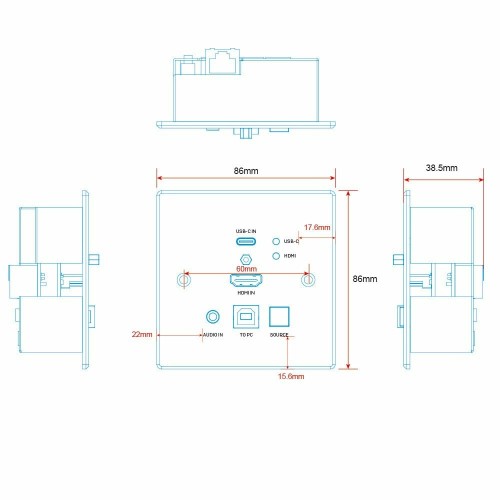 Lindy 150m Cat.6 HDMI 4K60 & Type C HDBaseT UK Wall Plate KVM Extender, Transmitter