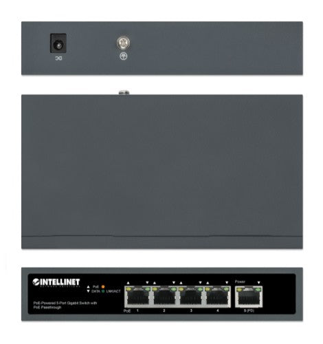 Intellinet 5-Port Gigabit Switch with PoE Passthrough, One IEEE 802.3bt (PoE++ / 4PPoE) PD PoE Port with 95 W Power Input, Four PSE PoE ports, PoE Power Budget up to 65 W, IEEE 802.3at/af Compliant Output, Desktop, Wall-mount Option (UK Power cord)