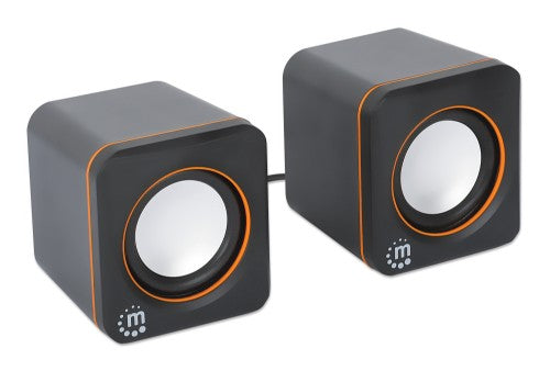 Manhattan 2600 Series Speaker System, Two Speakers, Black/Orange, USB for Stereo Audio and Power, Output: 2x 3W, Decent Sound, Integrated rotary volume control, USB-C/USB-A Adapter, Cable 1.4m, Three Year Warranty