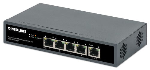 Intellinet 5-Port Gigabit Switch with PoE Passthrough, One IEEE 802.3bt (PoE++ / 4PPoE) PD PoE Port with 95 W Power Input, Four PSE PoE ports, PoE Power Budget up to 65 W, IEEE 802.3at/af Compliant Output, Desktop, Wall-mount Option (UK Power cord)