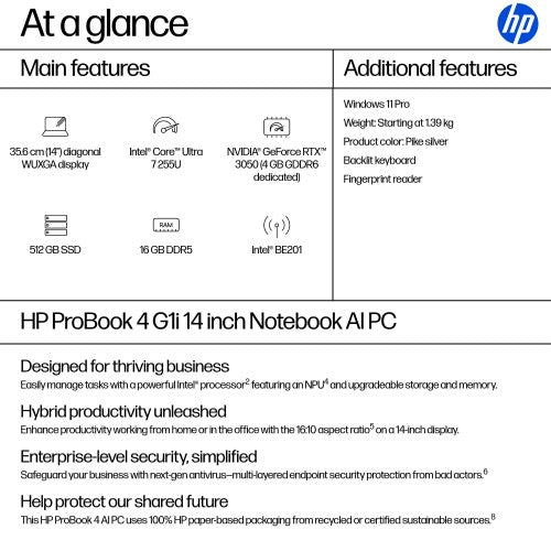 HP ProBook 4 G1i AI PC Intel Core Ultra 7 255U Laptop 35.6 cm (14") WUXGA 16 GB DDR5-SDRAM 512 GB SSD Wi-Fi 7 (802.11be) Windows 11 Pro Silver