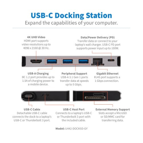 Tripp Lite U442-DOCK5D-GY USB-C Dock - 4K HDMI, USB 3.x (5Gbps), USB-A/C Hub Ports, GbE, Memory Card, 100W PD Charging, Detachable Cord