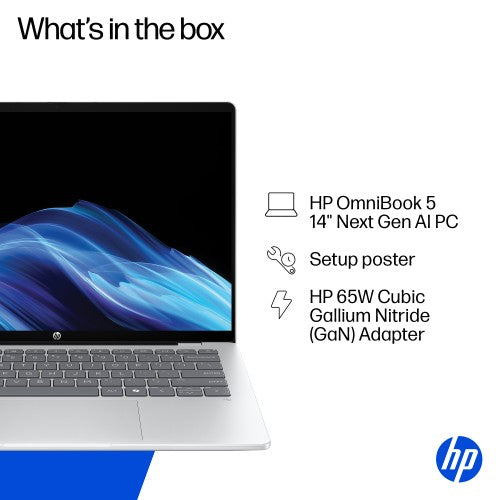 HP OmniBook 5 NGAI OmniBook 5 Next Gen AI 14-he0001na Copilot+ PC Snapdragon X1-26-100 Laptop 35.6 cm (14") 2K 16 GB LPDDR5x-SDRAM 512 GB SSD Wi-Fi 6E (802.11ax) Windows 11 Home Silver