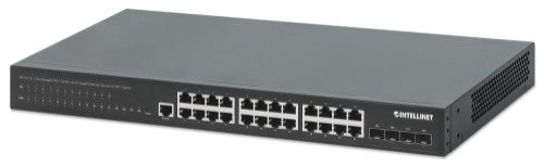 Intellinet 28-Port L2+ Fully Managed PoE+ Switch with 24 Gigabit Ethernet Ports and 4 SFP+ Uplinks IEEE 802.3at/af (PoE+/PoE) Compliant, 370 W PoE Power Budget, Layer 2+/Layer 3 Lite, Four 10G SFP+ Open Slots, Self-Healing Network, 19" Rackmount (with UK