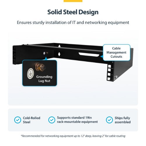 StarTech.com 2U Wall Mount Network Rack - 14In. Deep (Low Profile) - 19" Patch Panel Bracket for Shallow Server, IT Equipment, Network Switches - 77lbs/35kg Weight Capacity, Black