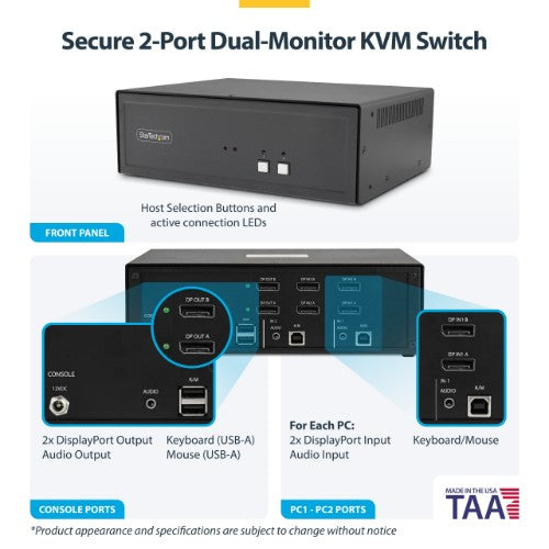 StarTech.com Secure 2-Port Dual-Monitor KVM Switch, DisplayPort, 4K 60Hz, NIAP 4.0 Desktop KVM, Metal Housing, Made in the USA