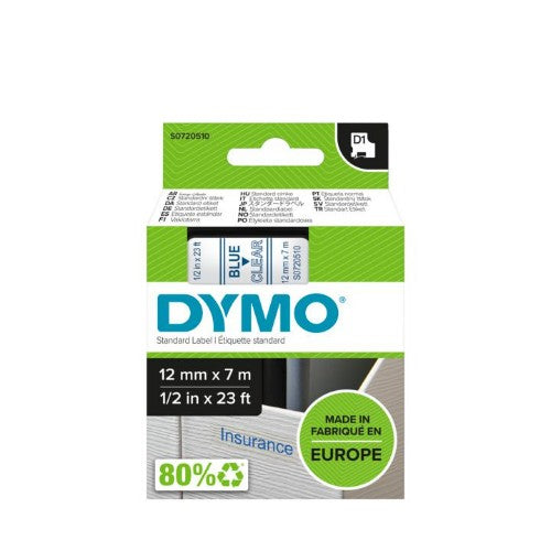 Dymo 45011/S0720510 DirectLabel-etikettes blue on Transparent 12mm x 7m for Dymo D1 6-12mm/19mm/24mm/9-12mm/9-19mm