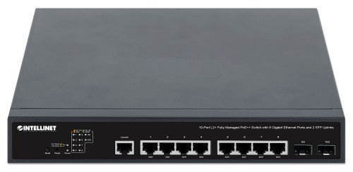 Intellinet 10-Port L2+ Fully Managed PoE++ Switch with 8 Gigabit Ethernet Ports and 2 SFP Uplinks (with UK power cord)