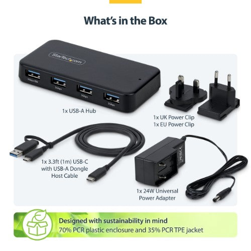 StarTech.com 4-Port USB-A Hub, 5Gbps, Self-Powered, 2-in-1 USB-C and USB-A Host Cable, 1x BC 1.2 Charging Port, 24W Power Adapter Included, MacBook and Windows