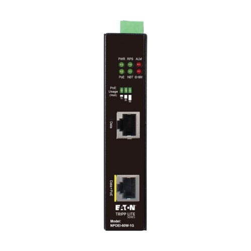 Tripp Lite NPOEI-60W-1G Industrial Gigabit Ethernet PoE injector, 60W PoE++, 802.3bt, Midspan, -40℃ to +75℃, IP30 housing, Dual 24-57VDC , DIN rail, 1 Port