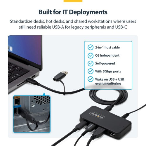 StarTech.com 4-Port USB-C and USB-A Hub, 5Gbps, Self-Powered, 2-in-1 USB-C and USB-A Host Cable, 1x USB-C and 3x USB-A (1x BC 1.2), 36W Power Adapter Included