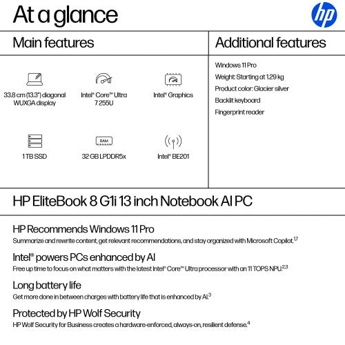 HP EliteBook 8 G1i AI Intel Core Ultra 7 255U Laptop 33.8 cm (13.3") WUXGA 32 GB LPDDR5x-SDRAM 1 TB SSD Wi-Fi 7 (802.11be) Windows 11 Pro AI PC Silver