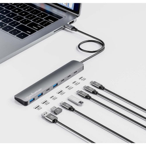Manhattan USB-C Dock/Hub, Ports (x7): USB-A (x3) and USB-C (x4), With Power Delivery (100W) to USB-C Port (Note additional USB-C wall charger and USB-C cable needed), USB 3.2 Gen 2, All Ports can be used at the same time, Universal, Aluminium, Space Grey