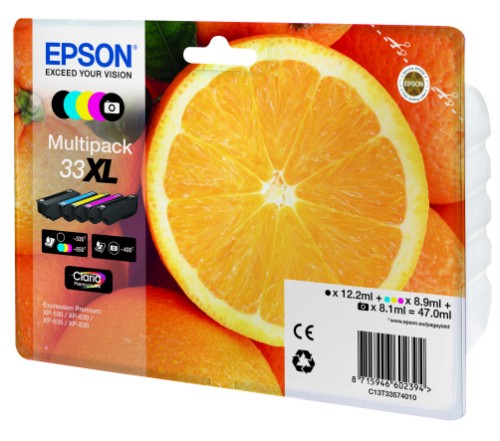 Epson C13T33574011/33XL Ink cartridge multi pack high-capacity Bk,C,M,Y,PBK EasyMail 12,2ml+3x8,9ml+8,1ml Pack=5 for Epson XP 530