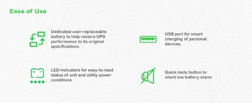 APC Back-UPS, 500VA/300W Floor/Wall Mount, 230V, 8x CEE 7/3 Schuko outlets, USB Type A Port, User Replaceable Battery