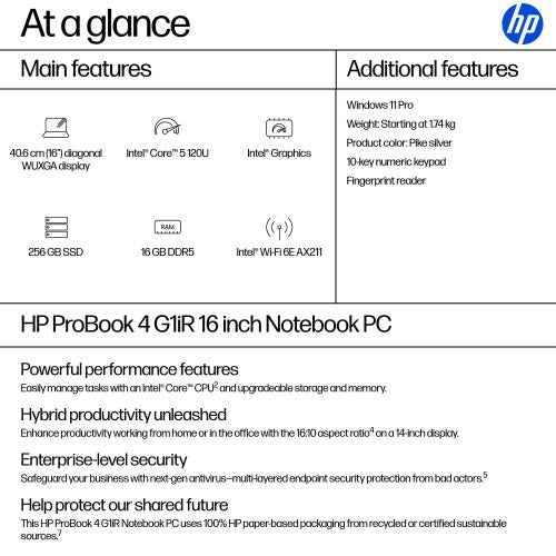 HP ProBook 4 G1iR Intel Core 5 120U Laptop 40.6 cm (16") WUXGA 16 GB DDR5-SDRAM 256 GB SSD Wi-Fi 6E (802.11ax) Windows 11 Pro Silver