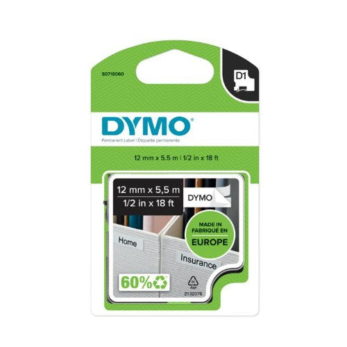 Dymo 16959/S0718060 DirectLabel-etikettes Polyester black on white 12mm x 5,5m for Dymo D1 6-12mm/19mm/24mm/400 Duo