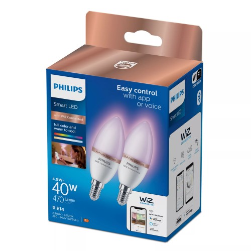 Philips Smart LED RGB C37 Bulb, E14 Base, 470 lm, 2-Pack
