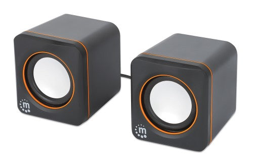 Manhattan 2600 Series Speaker System, Two Speakers, Black/Orange, USB for Stereo Audio and Power, Output: 2x 3W, Decent Sound, Integrated rotary volume control, USB-C/USB-A Adapter, Cable 1.4m, Three Year Warranty